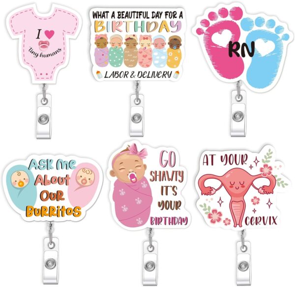 6 Pcs Labor and Delivery Badge Reels, Tiny Humans RN Baby Footprint Cute NICU Badge Holder Retractable Clip, Gifts for Nurse Healthcare Worker